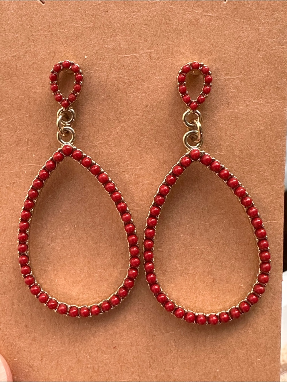 Red Teardrop Beaded Dangle Earrings With Gold Tone